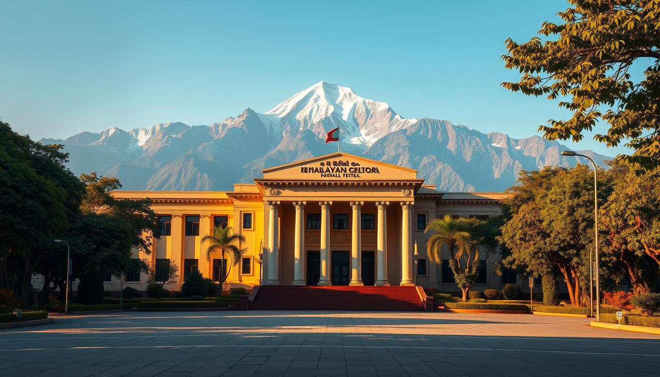 A majestic, modern building with a grand, columned entrance stands in the foreground, its facade adorned with intricate carvings and a prominent signage reading "हिमाचल प्रदेश न्यायिक परीक्षा स्थान". The building is bathed in warm, golden light, casting long shadows across the spacious, paved forecourt. In the middle ground, lush, verdant trees and landscaping frame the structure, creating a serene, park-like setting. The background features the awe-inspiring Himalayan mountain range, its snow-capped peaks piercing the azure sky, evoking a sense of grandeur and timelessness. The overall scene conveys a sense of solemnity, professionalism, and a commitment to education and justice.