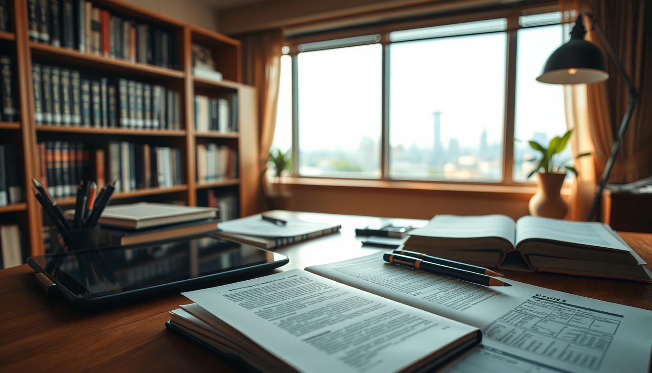A detailed study area with a well-organized workspace, featuring an open book, pens, and a tablet on a wooden desk. Soft, warm lighting illuminates the scene, creating a focused and contemplative atmosphere. In the background, a bookshelf with academic volumes and a window overlooking a tranquil city skyline. The overall composition conveys a sense of diligent preparation and strategic planning for the SBI CBO examination.