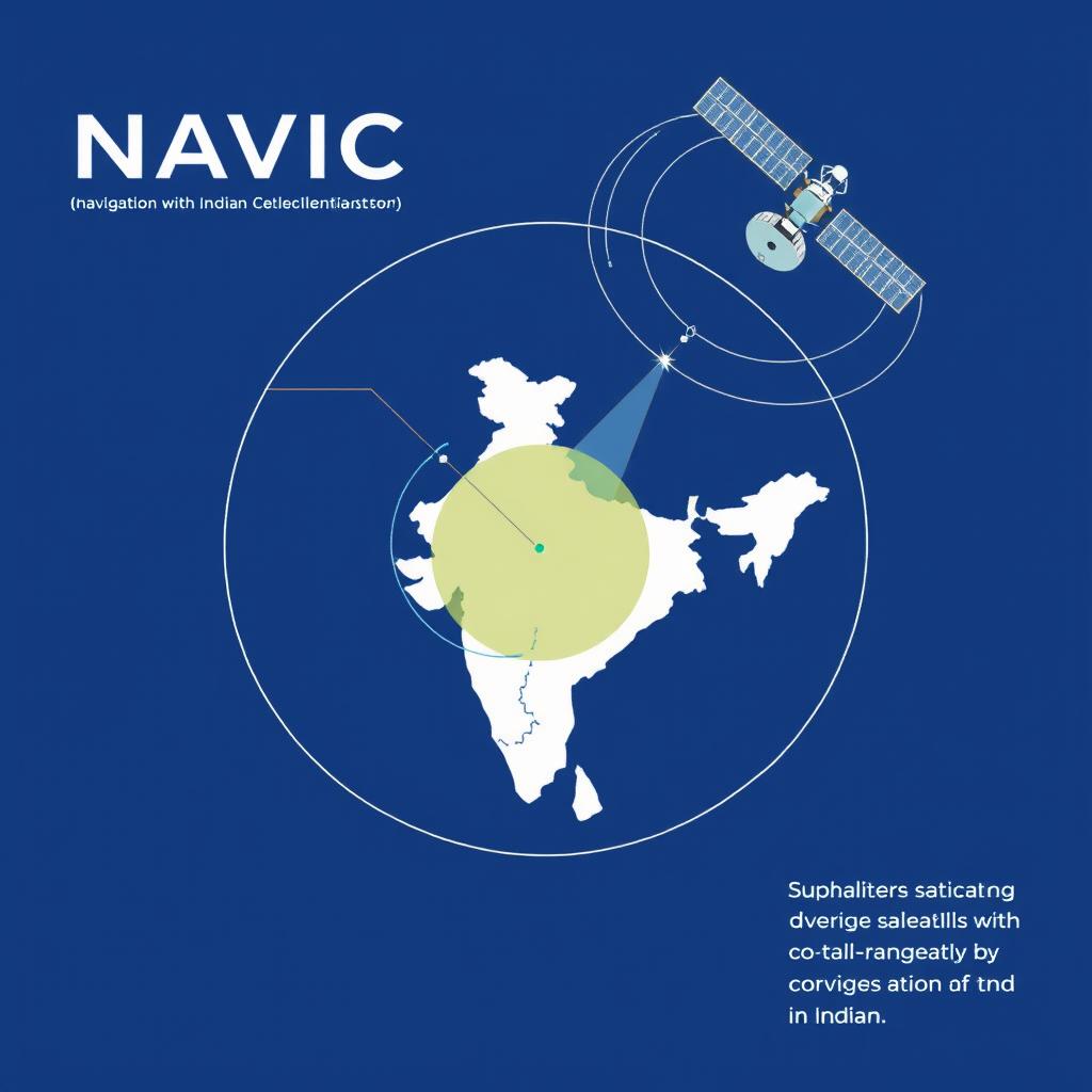 NavIC satellite constellation diagram showing coverage over Indian subcontinent