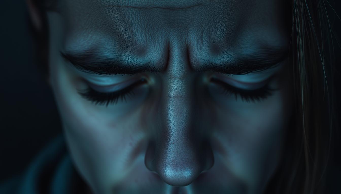 Somber close-up portrait of a person's face, eyes closed, brow furrowed, expressing distress and unease. Muted tones of gray, blue, and green cast a melancholic mood, with soft, hazy lighting creating an atmosphere of anxiety and inner turmoil. The subject's features are subtly highlighted, revealing the physical manifestations of psychological strain - tense muscles, furrowed brow, and creased forehead. The composition places the viewer in an intimate, empathetic perspective, drawing attention to the individual's emotional state and the profound impact of anxiety on one's wellbeing.