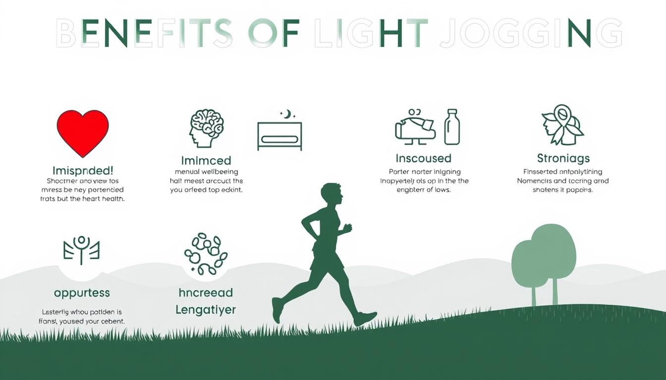 Light jogging benefits illustrated with icons for heart health, mental wellbeing, and longevity