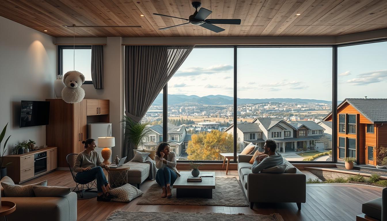 A cozy, well-lit room showcasing a diverse array of rental assets, including a sleek modern apartment, a rustic mountain cabin, and a spacious suburban townhouse. The foreground features tenants happily settling into their new homes, surrounded by furnishings, appliances, and decor that reflect their unique styles and preferences. The middle ground offers a panoramic view of the rental properties, highlighting their architectural details and landscaping. In the background, a vibrant cityscape or scenic countryside setting provides a picturesque backdrop, conveying a sense of opportunity and investment potential. The overall mood is one of comfort, prosperity, and the joy of finding the perfect rental property to call home.