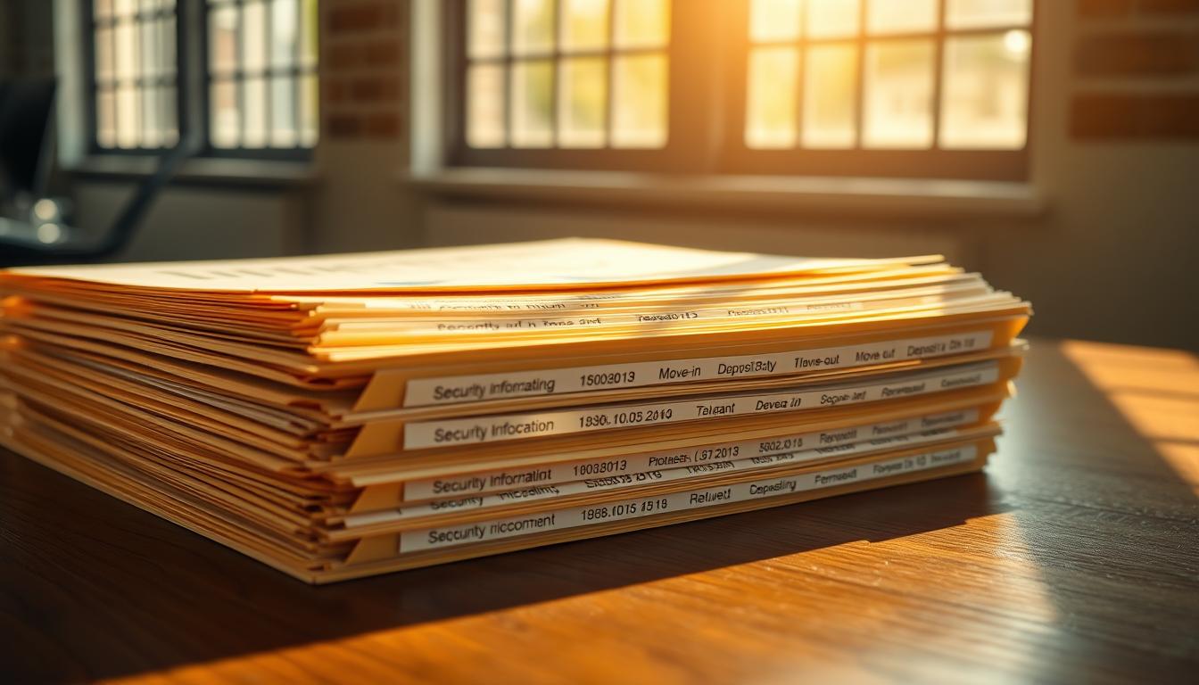 A meticulously organized stack of neatly filed security deposit records, their crisp edges casting soft shadows on the warm, wooden surface below. Sunlight filters through large windows, casting a cozy glow that highlights the careful organization and attention to detail. Carefully labeled manila folders containing tenant information, move-in and move-out dates, and detailed accounts of deposit amounts and refunds. The overall scene conveys a sense of professionalism, reliability, and commitment to proper documentation and record-keeping.