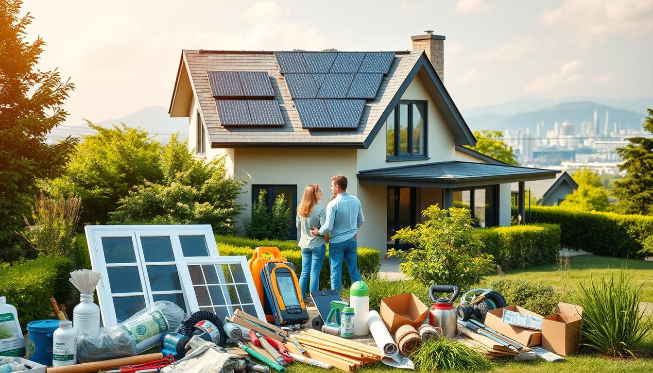 A modern, energy-efficient home with solar panels on the roof, surrounded by lush green landscaping. In the foreground, an array of home improvement tools and materials, including energy-efficient windows, insulation, and smart home technology. The middle ground features a family admiring their newly renovated home, with a sense of pride and satisfaction. The background showcases a city skyline, hinting at the broader environmental and economic benefits of green home renovations. The scene is bathed in warm, natural lighting, conveying a sense of comfort, sustainability, and financial incentives for eco-friendly home improvements.