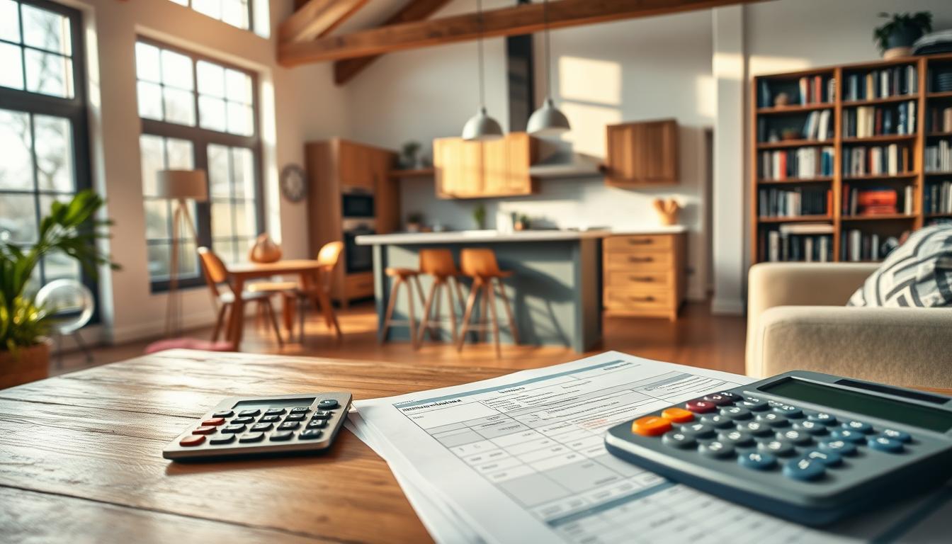 A cozy home interior with warm, natural lighting streaming through large windows. In the foreground, a calculator, spreadsheet, and tax documents are neatly arranged on a wooden desk, conveying the idea of maximizing tax savings through home renovations. In the middle ground, a newly renovated kitchen with modern appliances and stylish cabinets takes center stage. The background features architectural details like exposed beams, hardwood floors, and a bookshelf filled with finance and home improvement books, suggesting a well-designed and thoughtfully-planned living space. The overall atmosphere is one of organization, efficiency, and a harmonious blend of function and aesthetics.