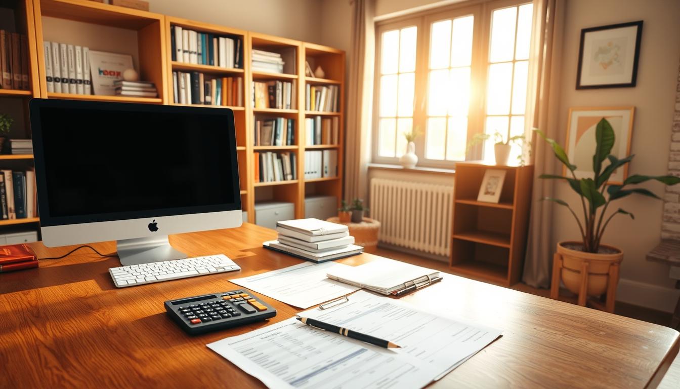 A well-organized home office with a desktop computer, financial documents, and a calculator neatly arranged on a wooden desk. The room is bathed in warm, natural lighting from a large window, creating a serene and focused atmosphere. In the background, a bookshelf filled with accounting and home improvement resources provides a sense of expertise and organization. The overall scene conveys the careful management of renovation expenses, with attention to detail and a professional approach.