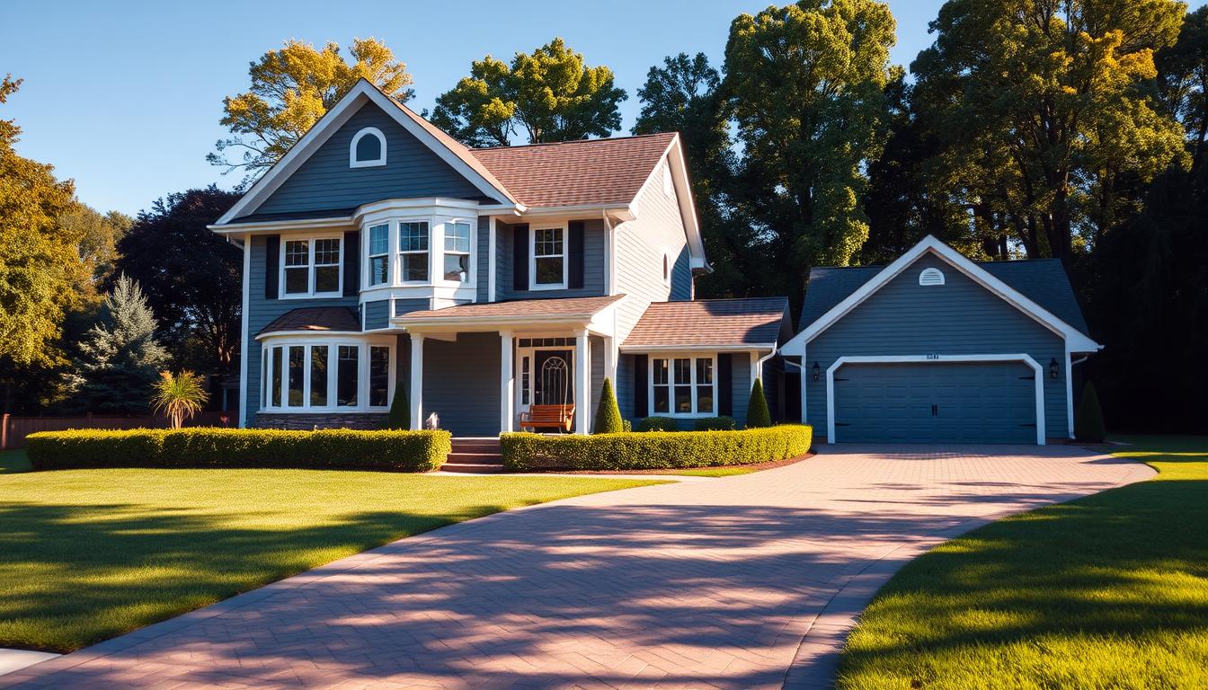 A modern two-story home with a well-manicured lawn and a neatly trimmed hedge border, set against a backdrop of lush green trees and a clear blue sky. The front of the house features a stylish gray facade with crisp white trim, a large bay window, and an inviting porch with a wooden swing. The driveway is paved with interlocking bricks, leading to a detached garage with a matching gray exterior. The scene is illuminated by warm, natural daylight, casting gentle shadows and highlighting the detailed architecture. The overall impression is one of a well-maintained, high-value residential property.