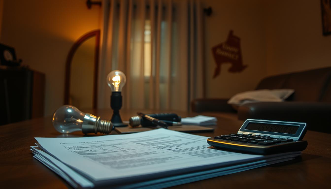 A dimly lit interior space, a table with various household items arranged neatly - a damaged light bulb, a torn curtain, a scuff mark on the wall. The scene is bathed in a warm, amber-hued lighting, creating a pensive atmosphere. In the foreground, a calculator and a stack of documents sit, representing the process of calculating security deposit deductions. The overall composition suggests a sense of careful examination and documentation of potential damages, conveying the idea of a legitimate, methodical approach to the deduction process.