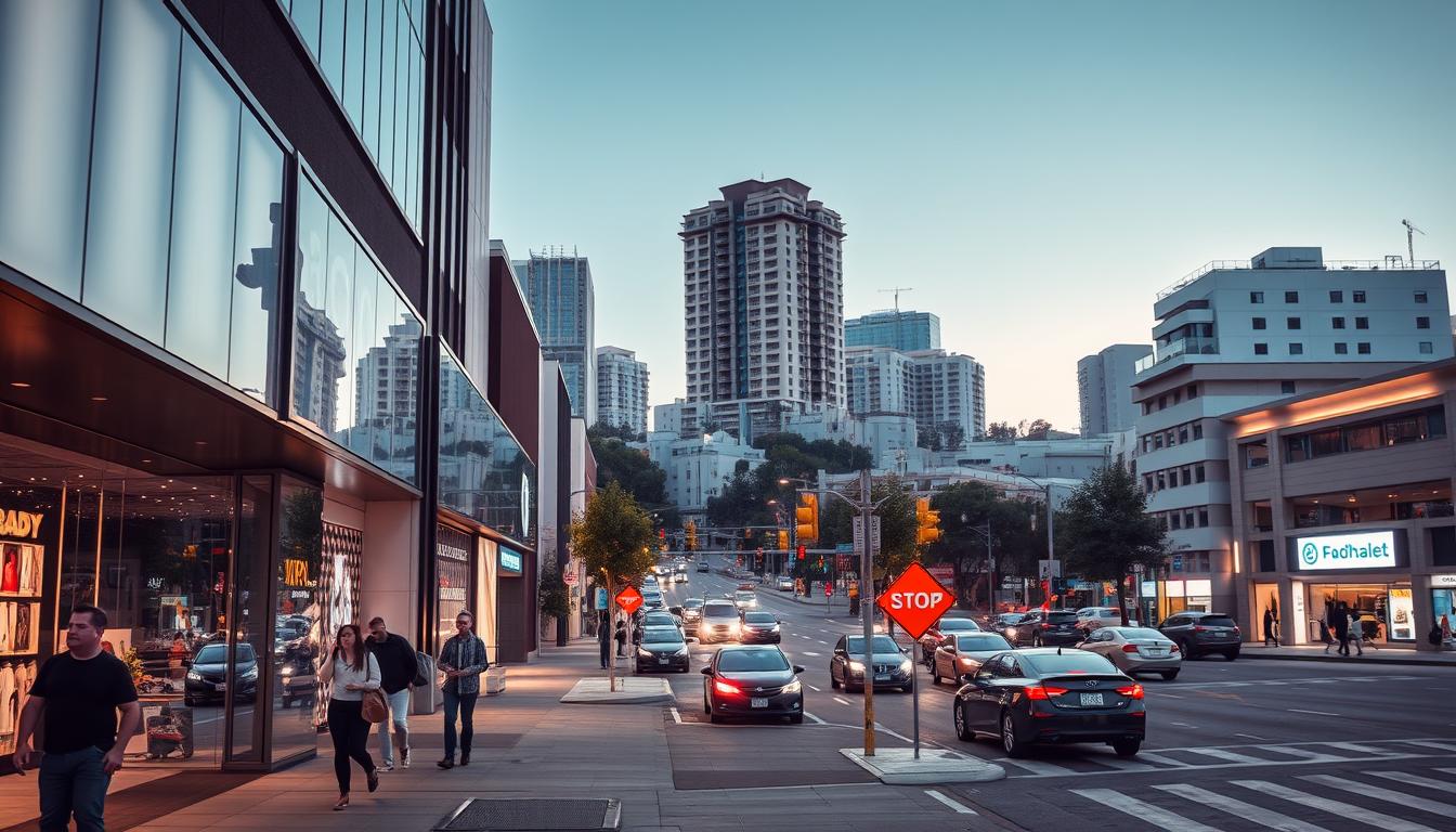A well-lit commercial street with modern retail storefronts, their facades showcasing sleek designs and enticing displays. In the foreground, pedestrians stroll along the sidewalk, observing the bustling activity. The middle ground features parked cars and a busy intersection, indicating a thriving commercial district. In the background, a mix of high-rise buildings and residential structures provide context, suggesting a vibrant urban environment. The scene is captured through a wide-angle lens, emphasizing the depth and scale of the retail property location. The overall mood is one of energy, opportunity, and potential for a successful retail investment.