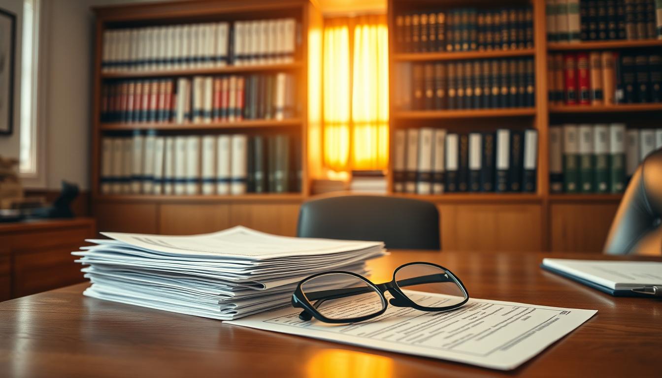 A sunlit office interior with a large wooden desk, a stack of financial documents, and a pair of eyeglasses resting on the tabletop. In the background, a bookshelf filled with accounting and tax reference books. Warm, directional lighting illuminates the scene, creating a focused and professional atmosphere. The camera angle is slightly elevated, providing a clear view of the desk space and emphasizing the differentiation between current expenses and capital expenses represented by the paperwork. The overall composition conveys the sense of a careful examination of financial records.