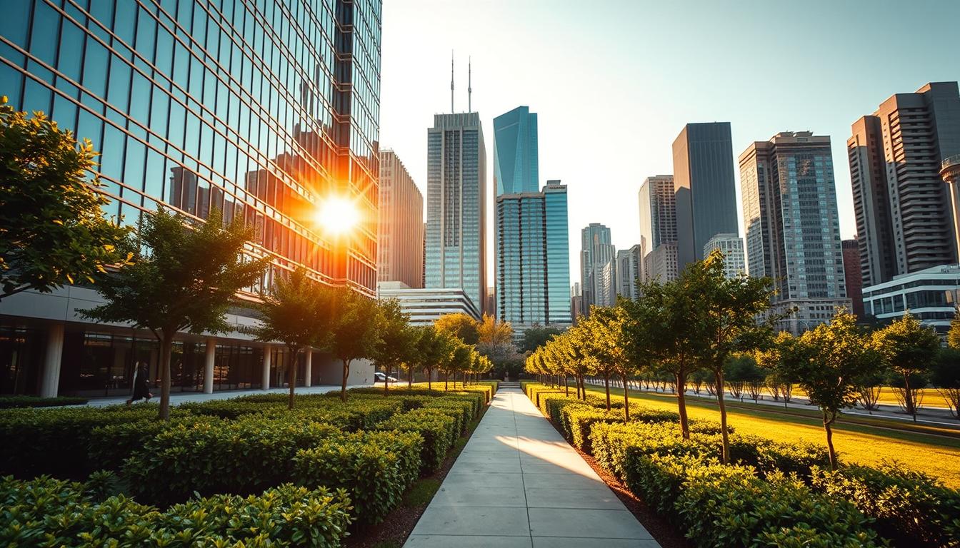 A visually striking commercial real estate investment landscape, captured through the lens of a cinematic wide-angle shot. In the foreground, a modern glass and steel office building stands tall, its sleek facade reflecting the sun's rays. In the middle ground, rows of neatly manicured trees and lush greenery create a sense of tranquility, with a well-maintained sidewalk leading towards the building's entrance. The background is dominated by a cityscape of towering skyscrapers, their angular silhouettes creating a dynamic, urban backdrop. The scene is bathed in warm, golden lighting, conveying a sense of prosperity and opportunity, perfectly capturing the investment potential of triple net leases.