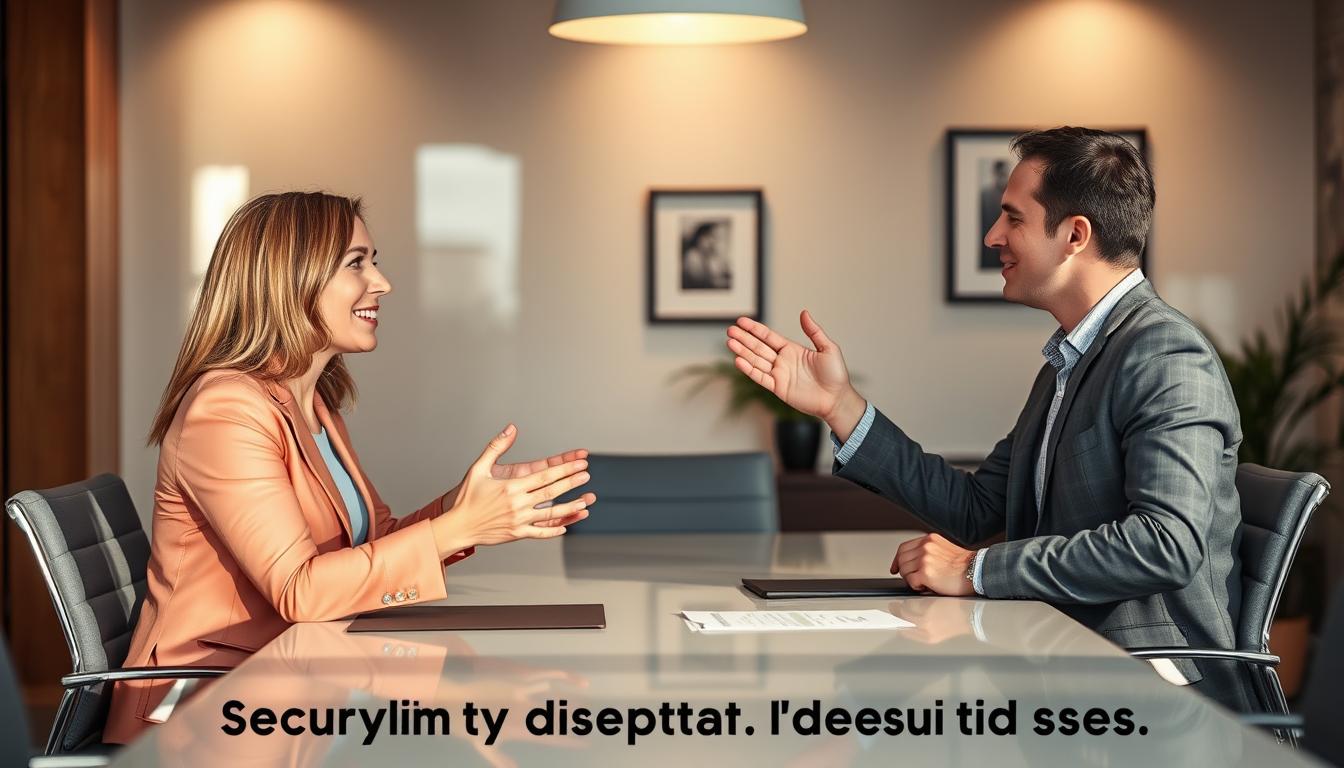 A modern office setting with a conference table, where two people in business attire are engaged in a discussion, gesturing animatedly. The lighting is warm and professional, with a subtle play of shadows. The background features tasteful decor, such as framed art or plants, suggesting a formal, but welcoming atmosphere. The overall mood conveys a sense of negotiation and resolution, as the individuals work to find a mutually agreeable solution to a security deposit dispute.