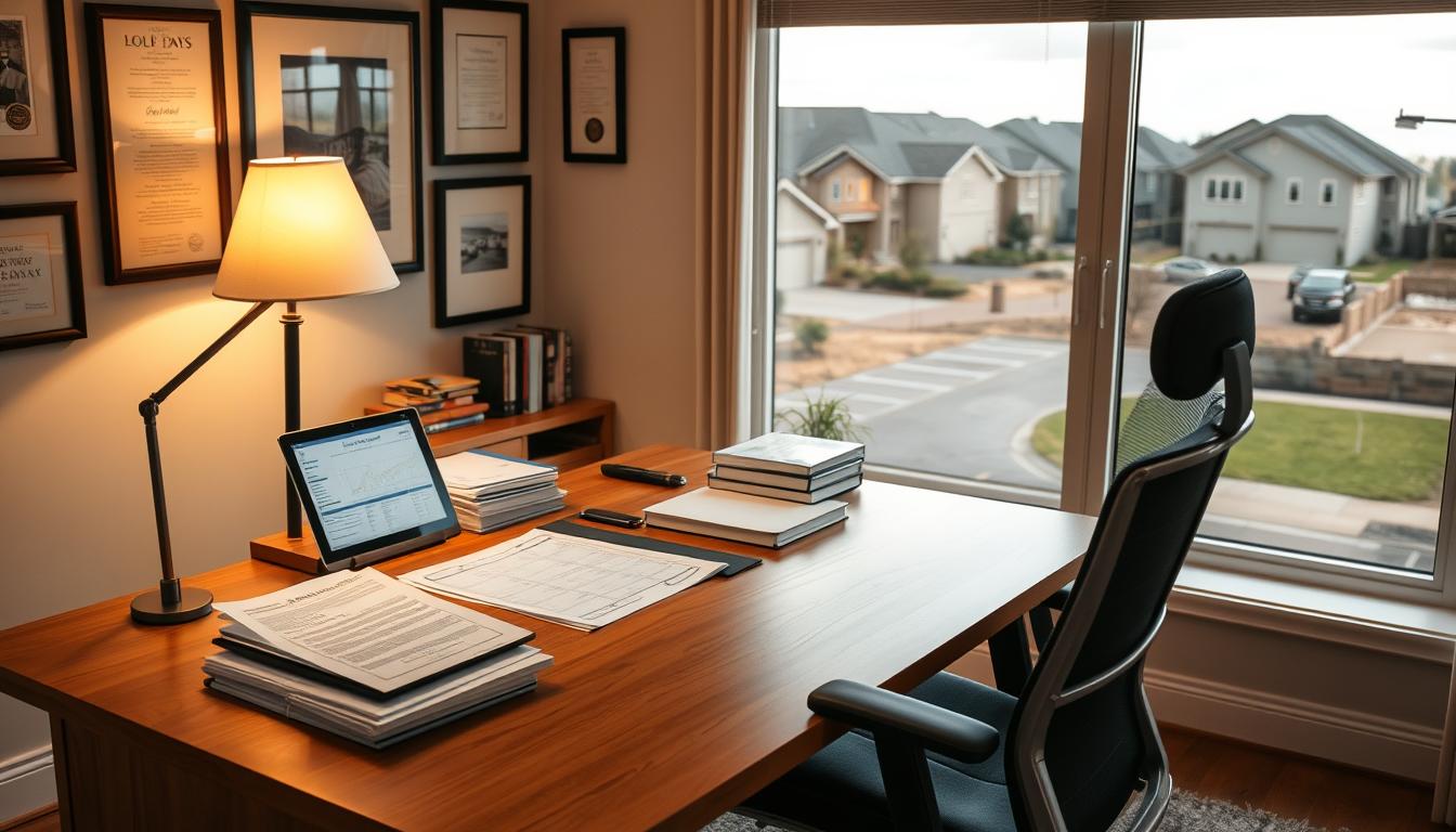 A cozy home office with a large wooden desk and an ergonomic chair. On the desk, there are neatly organized real estate documents, files, and a tablet displaying relevant tax information. Warm, diffused lighting from a desk lamp creates a professional yet inviting atmosphere. The walls are adorned with framed certificates and awards, conveying the expertise of the real estate advisor. Through a window in the background, a picturesque suburban landscape with newly constructed homes is visible, emphasizing the context of the guidance. The overall scene exudes a sense of confidence, reliability, and dedication to providing valuable real estate tax insights.