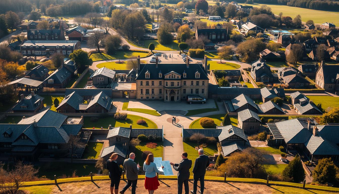 A sprawling estate, with a grand manor house at the center, surrounded by a network of smaller structures - guest houses, workshops, and administrative offices. The buildings are arranged in a harmonious, interconnected layout, reflecting the complex web of ownership and management. Sunlight filters through the tall windows, casting a warm glow over the scene. In the foreground, a group of people are gathered, discussing documents and diagrams, illustrating the collaborative nature of estate ownership and operations. The overall impression is one of organized sophistication, with every element working in concert to support the larger whole.