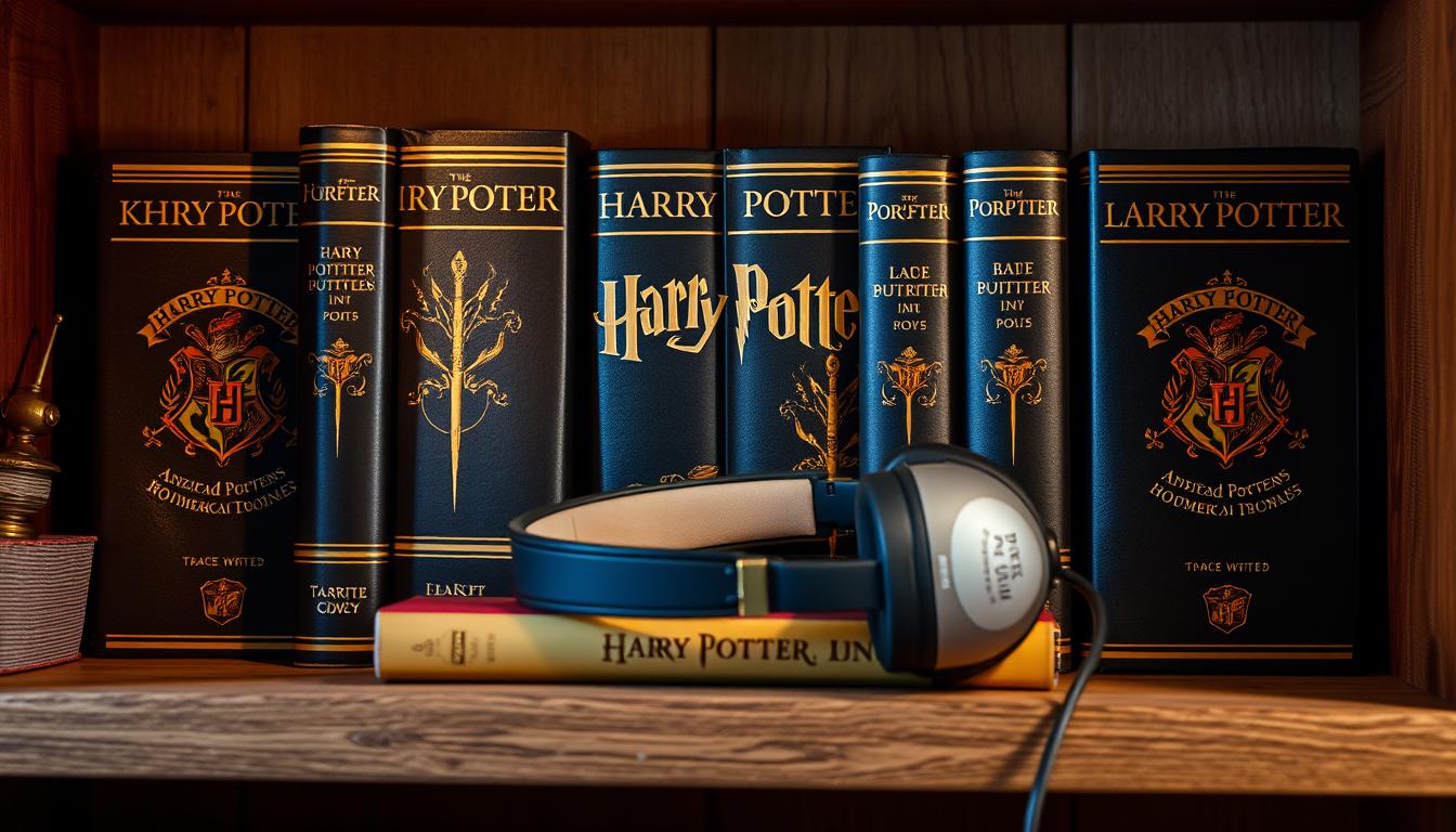 A cozy, inviting scene of Harry Potter audiobooks arranged on a wooden bookshelf. The hardcover books feature the iconic Hogwarts crest and gold foil accents, creating a visually striking display. The bookshelf is illuminated by warm, ambient lighting, casting a soft glow across the spines. In the foreground, a pair of vintage-inspired headphones rest atop the books, hinting at the immersive audio experience. The background features a subtly blurred, textured wall, emphasizing the focus on the audiobook collection. The overall composition evokes a sense of magical nostalgia and the joy of exploring the Wizarding World through the power of storytelling.