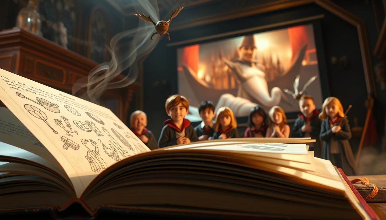 A whimsical scene depicting the humorous transition from book to movie adaptation. In the foreground, a magical book flips its pages, its illustrations springing to life with a mischievous glint. In the middle ground, a group of familiar Hogwarts characters act out the comedic moments, their expressions and gestures humorously exaggerated. The background showcases a cinematic movie screen, casting a warm glow and hinting at the lively on-screen antics. The lighting is soft and dreamlike, capturing the playful and nostalgic essence of the &quot;From Page to Screen&quot; Harry Potter experience.