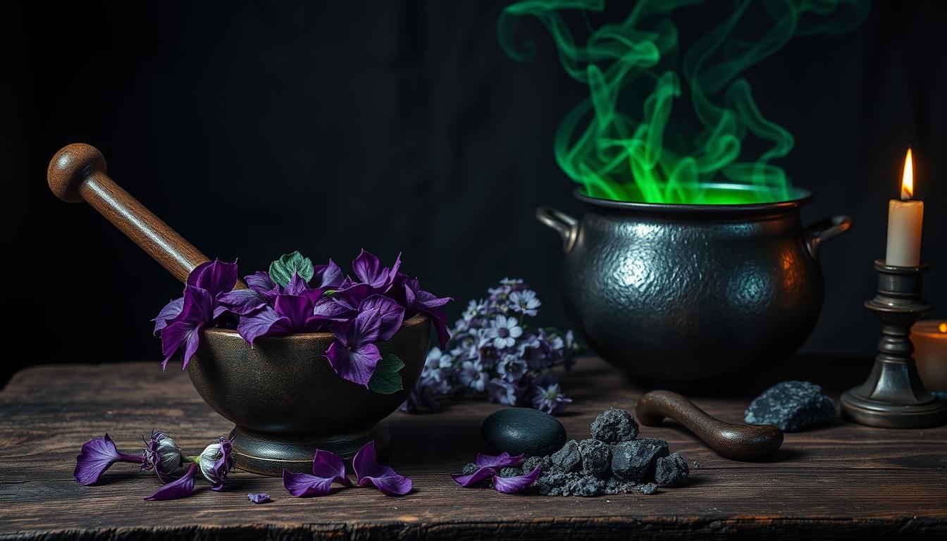 A dark, moody potion laboratory set against a shadowy background. In the foreground, a mortar and pestle grind together wolfsbane (also known as monkshood) leaves, their vibrant purple hues contrasting with the somber tones. Beside it, a bubbling cauldron emits wisps of emerald steam, its iridescent surface reflecting the flickering candlelight. Scattered across a weathered wooden table, the other key ingredients - silver moonflowers, werewolf fangs, and crushed bezoar stones - await their addition to the Wolfsbane Potion. The atmosphere is charged with a sense of mysticism and the weight of the potion's purpose - to aid those afflicted by the werewolf's curse.