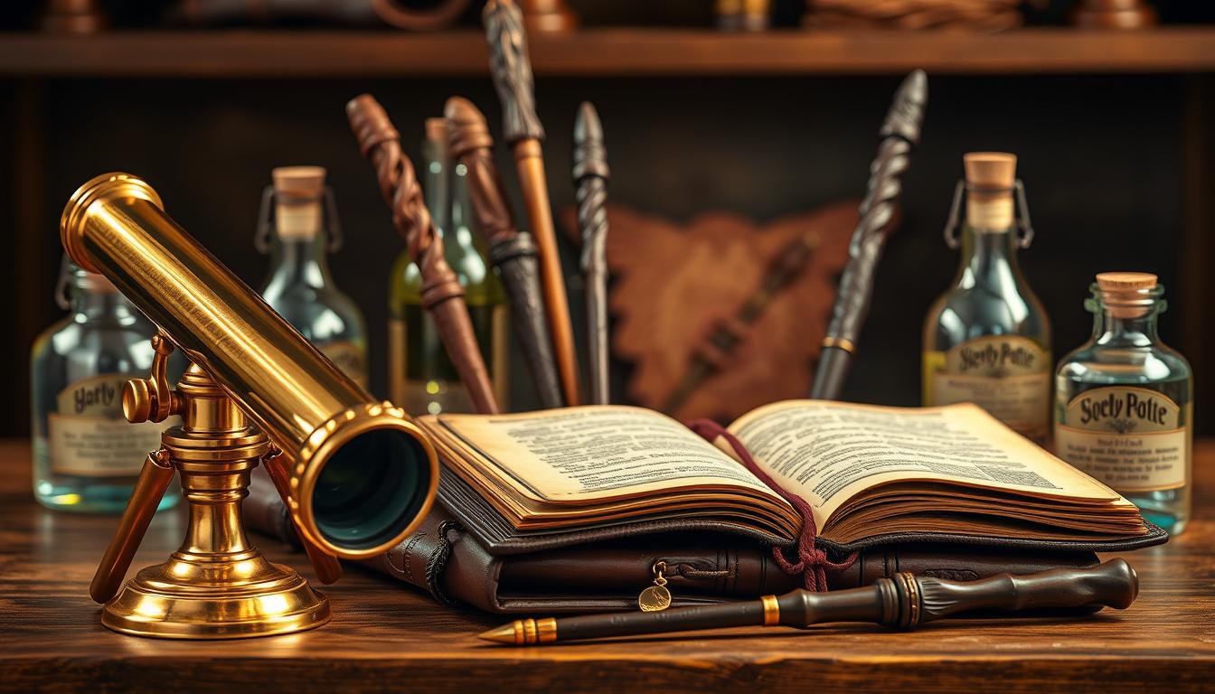 An elegantly arranged wizarding collection gift set, featuring a variety of enchanting items meticulously crafted to enhance the wizarding experience. In the foreground, a gleaming brass telescope, its lenses polished to perfection, stands ready to gaze upon the stars. Nearby, a well-worn leather-bound spell book, its pages filled with arcane knowledge, invites the wielder to delve into the mysteries of the magical world. In the middle ground, a set of hand-carved wands, each with its own unique core and design, awaits the touch of the aspiring witch or wizard. The background is adorned with delicate glass vials containing shimmering potions, their labels etched in an elegant script. Warm, diffused lighting casts a soft, mystical glow, evoking a sense of wonder and anticipation. This comprehensive wizarding collection gift set is a must-have for any true fan of the enchanted realm.