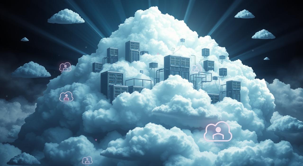 a detailed and futuristic-looking illustration of cloud computing technology, depicting various cloud-based services and infrastructure. the scene shows a vast, ethereal cloud-like structure in the background, with various interconnected data centers, servers, and networking equipment floating within it. in the foreground, there are distinct layers representing the different cloud service models - IaaS, PaaS, and SaaS - each with its own unique visual representation. the overall atmosphere is one of advanced, cutting-edge technology, with a sense of scale and complexity to convey the power and versatility of cloud computing. the lighting is dramatic, with beams of light emanating from the cloud structure, creating a sense of energy and dynamism. the color palette is a mix of cool blues, grays, and whites, with pops of color representing the different cloud services. the composition is balanced and visually appealing, drawing the viewer's attention to the key elements of the cloud computing ecosystem.