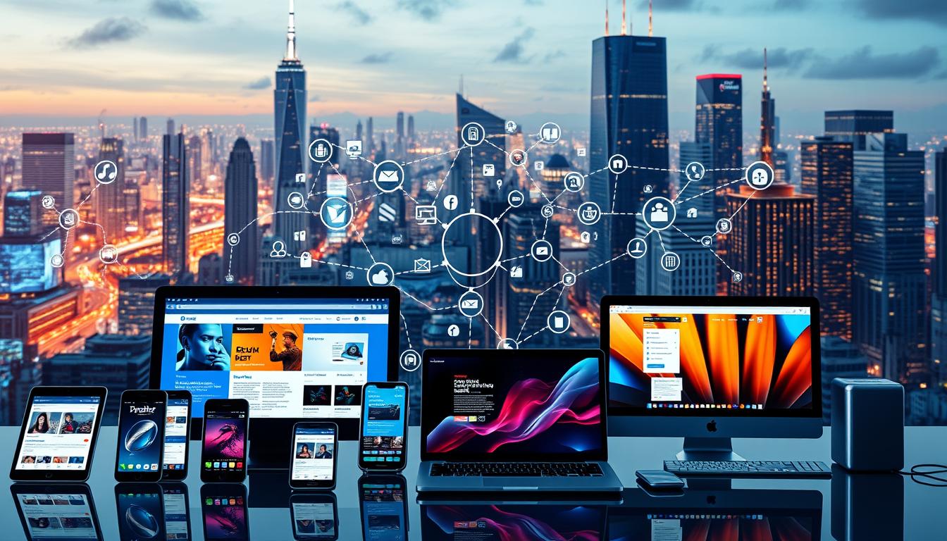A sleek and modern digital marketing landscape, showcasing a seamless integration of multiple channels and platforms. In the foreground, a vibrant array of device screens, ranging from smartphones and tablets to laptops and desktops, all displaying complementary content and designs. In the middle ground, an intricate web of interconnected icons, representing the various digital touchpoints and communication channels, such as social media, email, e-commerce, and mobile apps. The background features a dynamic, futuristic cityscape, with skyscrapers, neon lights, and a sense of constant technological evolution. The overall scene conveys a sense of a cohesive, immersive, and personalized digital experience, reflecting the &amp;amp;quot;تجربة متكاملة عبر الأجهزة والمنصات&amp;amp;quot; concept.