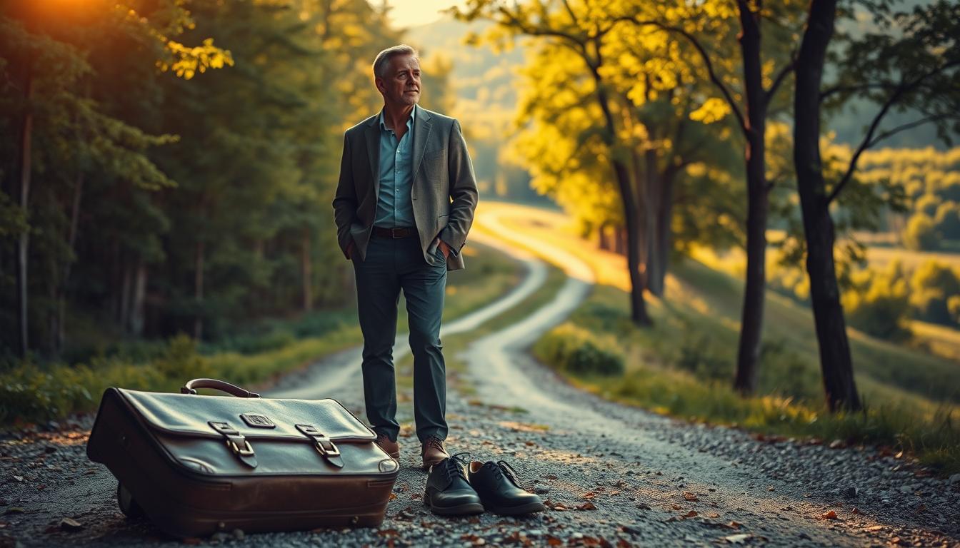 a mature man in his 40s, confidently standing at a crossroads, gazing into the distance with a determined expression. warm, golden sunlight filters through the trees, casting a soft glow on his face. in the foreground, a well-worn briefcase and a pair of work shoes sit discarded, symbolizing his decision to leave his old career behind. the middle ground features a winding path leading into a lush, verdant forest, representing the new possibilities and opportunities that lie ahead. the background is a tranquil, natural landscape, conveying a sense of peace and introspection. the overall mood is one of hope, anticipation, and the empowering feeling of taking control of one's life after 40.