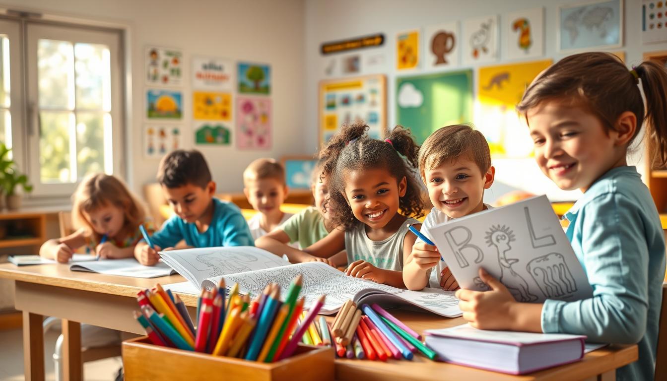 a cozy classroom setting with a group of diverse children sitting at desks, each focused on coloring a beautifully illustrated children's educational coloring book. warm, natural lighting filters through large windows, casting a gentle glow on the scene. the walls are adorned with vibrant artwork and educational posters, creating an inviting and creative atmosphere. in the foreground, a teacher's desk stands, with a collection of colorful pens, markers, and other art supplies. the children's expressions are engaged and joyful, showcasing the power of coloring books to nurture creativity, fine motor skills, and cognitive development.
