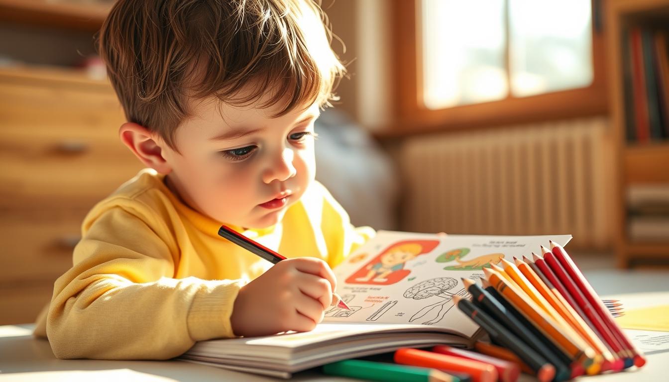 a scene of a young child engrossed in the process of coloring a page from a vibrant, illustrated developmental psychology-themed coloring book. bright, warm natural lighting floods the room, casting a soft glow on the child's focused expression. the coloring book's pages are filled with detailed illustrations of developmental milestones, cognitive stages, and emotional growth. an array of high-quality colored pencils or crayons are arranged neatly nearby, ready to bring the educational illustrations to life through the child's creative touch. the overall mood is one of thoughtful concentration, wonder, and the joyful exploration of learning through hands-on creative engagement.