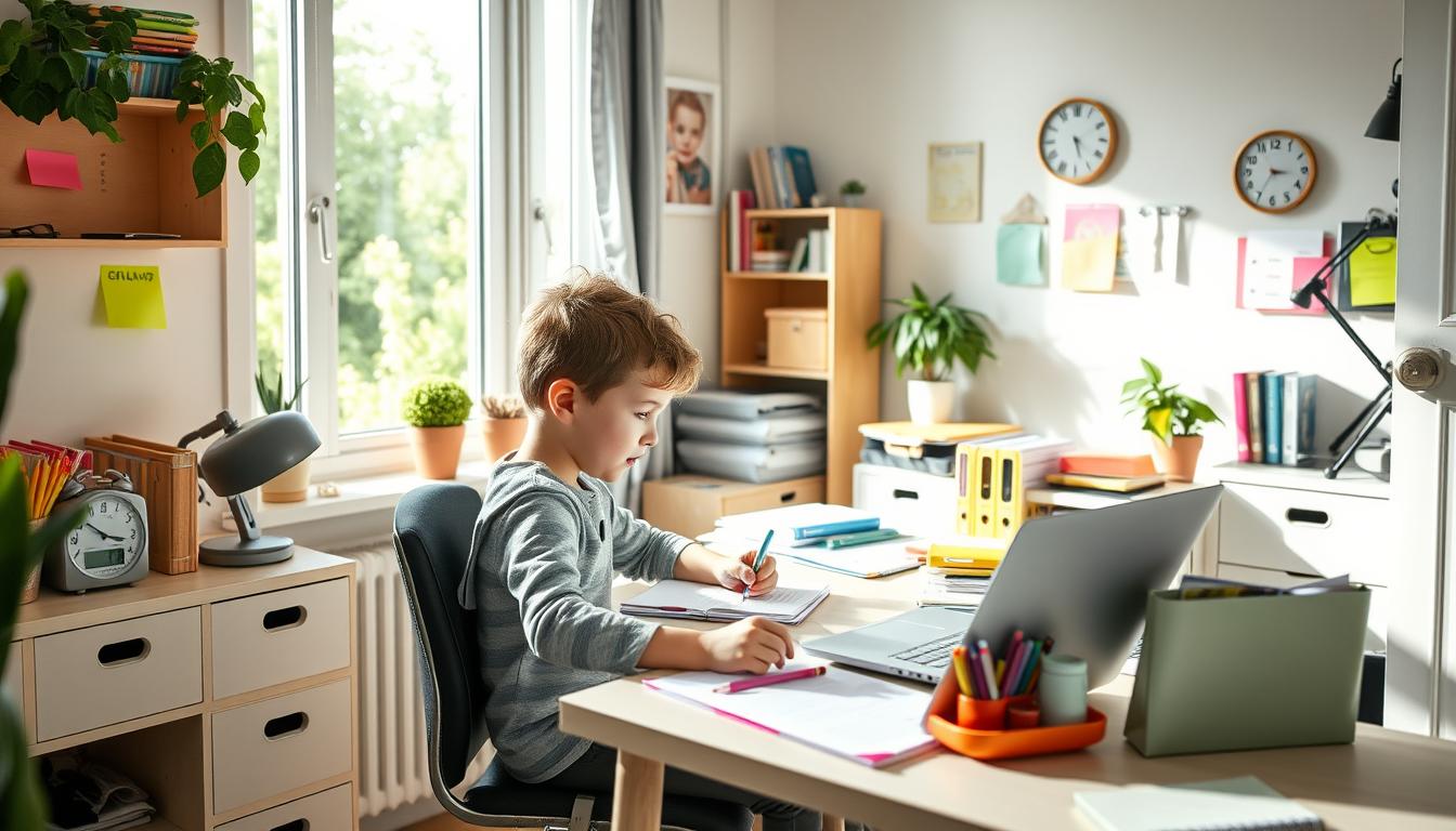 a cozy home office with a young child, likely diagnosed with adhd, sitting at a desk working on their homework. the room is well-lit, with a large window allowing natural light to pour in. the child is surrounded by organizational tools like colorful folders, sticky notes, and a timer to help them stay focused. a parent or tutor is nearby, offering guidance and encouragement. the atmosphere is calm and supportive, reflecting the "hausaufgaben-management: strategien gegen täglichen stress" theme.