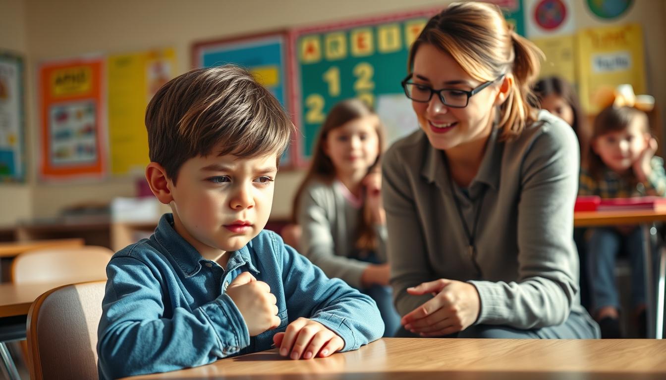 a classroom scene with a young child with adhd, seated at a desk, struggling to control their emotions. the child's face is flushed, eyes narrowed, hands clenched, conveying a sense of frustration and inner turmoil. in the foreground, a caring teacher kneels beside the child, offering a supportive hand and a reassuring expression. the middle ground features other students observing the interaction, their faces reflecting a mix of concern and empathy. the background depicts a well-lit, warm-toned classroom, with educational posters and learning materials visible, creating a nurturing and inclusive environment. the lighting is soft and natural, casting gentle shadows that accentuate the emotional tension and the teacher's comforting presence. the overall scene conveys the challenges of emotional regulation for children with adhd and the importance of compassionate guidance and support.