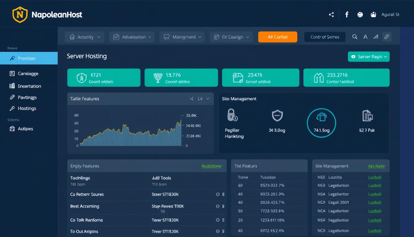 Painel de controle da Napoleon Host mostrando recursos de hospedagem sites