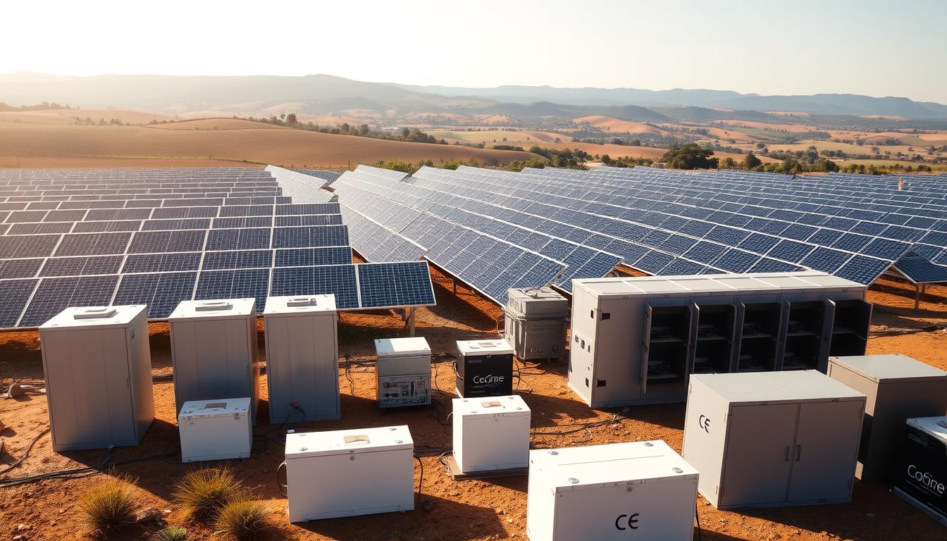 A sprawling off-grid solar farm, panels spanning the horizon, harnessing the sun's power. In the foreground, an array of sleek, state-of-the-art battery storage units, their metallic casings gleaming under the warm sunlight. Cylindrical lithium-ion batteries, high-capacity flow batteries, and modular saltwater storage systems stand ready to capture and distribute the renewable energy. The middle ground features a network of inverters, charge controllers, and smart monitoring systems, ensuring efficient, reliable, and secure power distribution to the surrounding off-grid homes. In the distance, a serene countryside landscape, with rolling hills and lush vegetation, highlighting the harmony between technology and nature.
