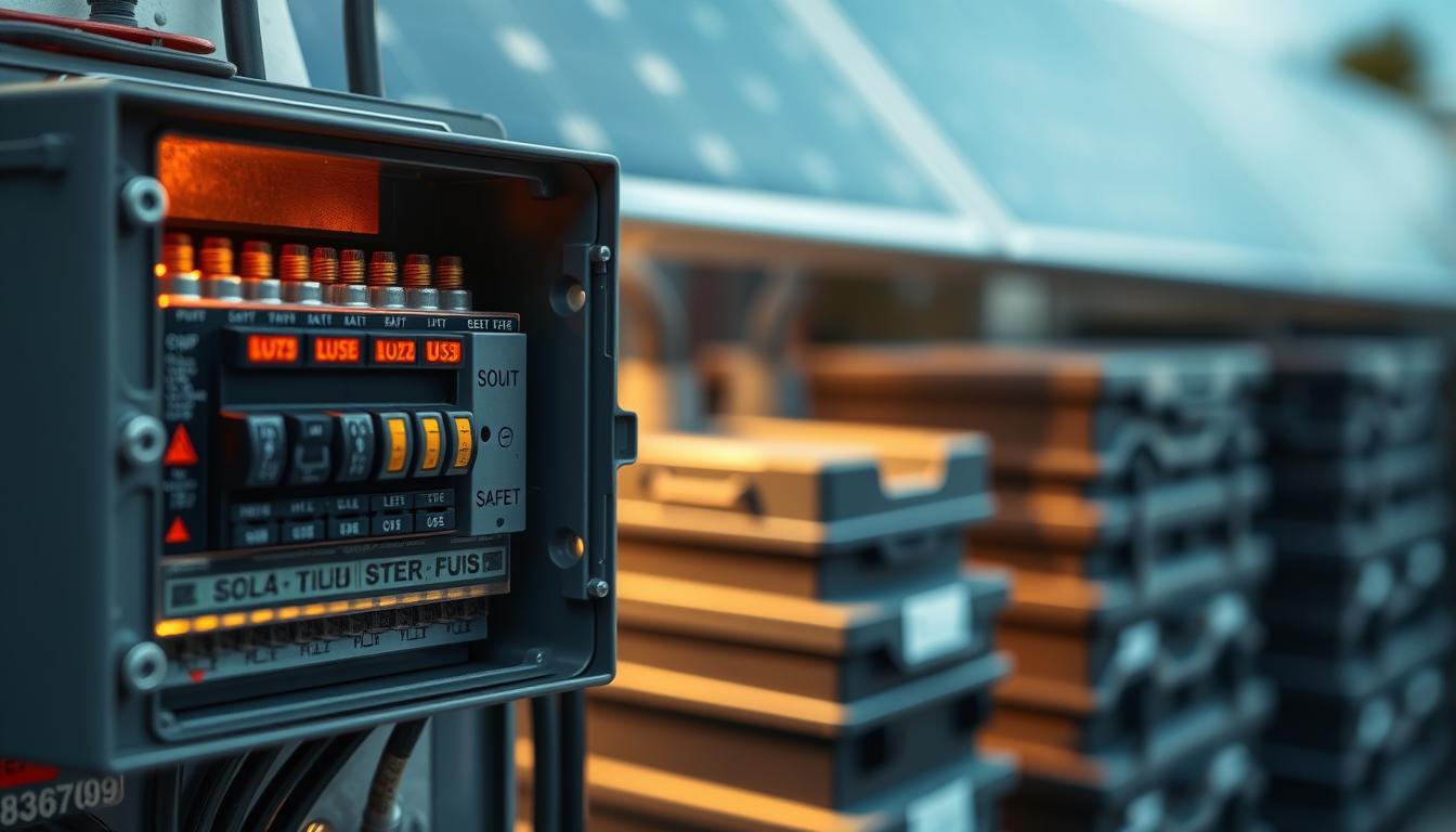 Detailed close-up view of a solar battery system, featuring a prominent fuse box and circuit breakers in the foreground. The fuse box is open, revealing multiple fuses and switches, with a warm, amber-toned lighting illuminating the components. The middle ground showcases the battery bank, with sleek, modern battery modules stacked neatly. The background is blurred, creating a sense of depth and focus on the safety-critical elements. The overall scene conveys a sense of precision, functionality, and attention to electrical safety in a solar power setup.