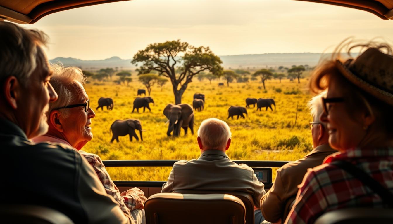 A vibrant safari tour for seniors, set against the vast expanse of the African savanna. In the foreground, a group of retirees, their faces alight with wonder, gazes fixed on the majestic wildlife surrounding their open-air vehicle. The middle ground showcases a herd of elephants leisurely roaming the grasslands, their trunks swaying in gentle rhythm. In the distance, the silhouettes of towering acacia trees dot the horizon, casting soft, golden light across the scene. The atmosphere is one of tranquility and adventure, inviting the viewer to embark on a journey of discovery and reconnection with nature.
