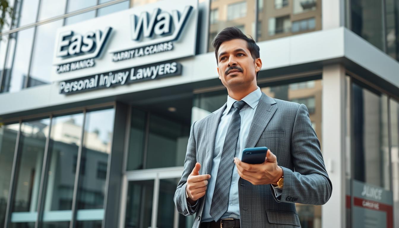 A well-lit, high-resolution photograph of a bilingual car accident lawyer standing confidently in front of a modern office building in downtown Los Angeles. The lawyer is a Hispanic man in his 40s, wearing a sharp gray suit and tie, gesturing with one hand as he speaks into a smartphone. The office building has sleek glass and steel architecture, with a prominent sign that reads &quot;Easy Way Harris Personal Injury Lawyers&quot; in both English and Spanish. The scene conveys a sense of professionalism, approachability, and the lawyer's expertise in handling Spanish-speaking clients' car accident claims.