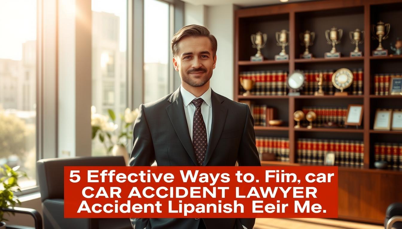 A Spanish-speaking car accident lawyer stands confidently in a modern office, dressed in a sharp suit and tie. Sunlight streams through large windows, casting a warm, professional glow. The lawyer's expression conveys empathy and determination, ready to advocate for clients. In the background, a bookshelf filled with legal tomes and awards suggests their expertise. The scene reflects the section title &quot;5 Effective Ways to Find Car Accident Lawyer Spanish Near Me&quot; - a trusted, experienced professional prepared to assist those in need.