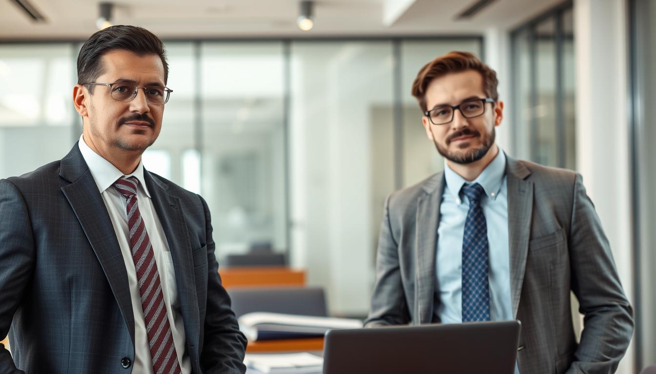 Prompt A close-up shot of a car accident lawyer and an auto accident defense attorney standing together in a modern, well-lit office. The lawyer wears a sharp suit, tie, and an assertive expression, while the defense attorney has a more casual, relaxed demeanor in business attire. Between them, a table with case files and a laptop suggests an active legal discussion. The background is blurred, creating a sense of depth and emphasizing the two professionals and the contrast in their approach to auto accident cases.