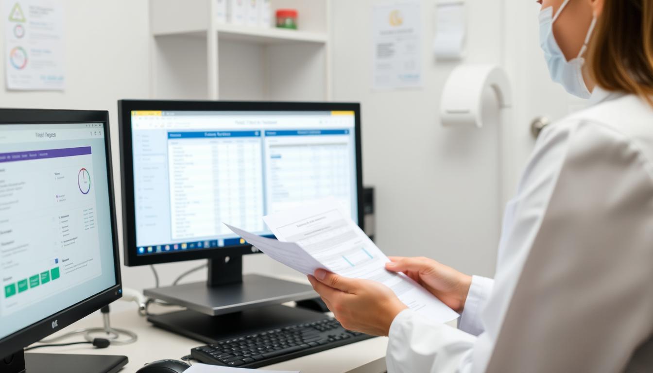 Doctor reviewing patient charts during Adderall follow-up appointment