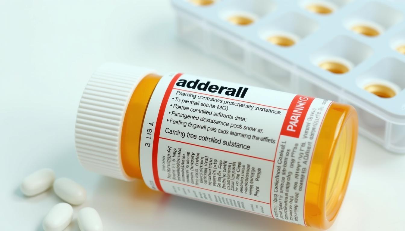 Medication safety concept with Adderall prescription bottle and warning label