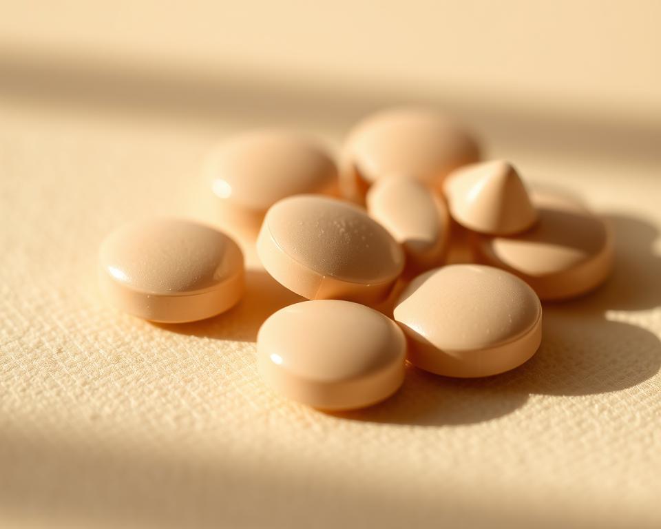 A close-up view of several round, light brown pills with a smooth, glossy surface, resting on a soft, beige surface. The pills are slightly angled, creating a sense of depth and dimension. The lighting is warm and natural, casting gentle shadows that accentuate the contours of the pills. The background is slightly blurred, keeping the focus on the medication. The overall mood is one of relaxation and relief, reflecting the purpose of the muscle relaxant depicted.
