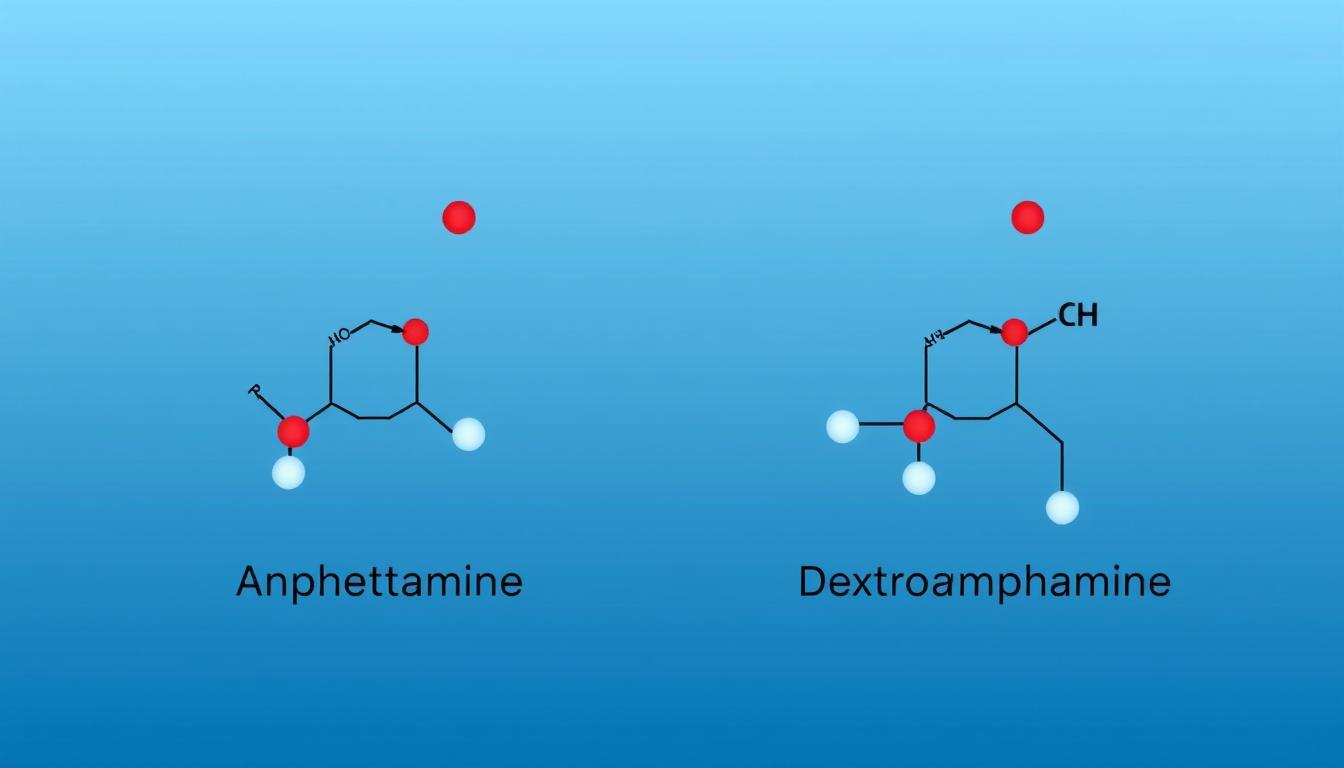 Molecular structure of amphetamine and dextroamphetamine showing chemical composition