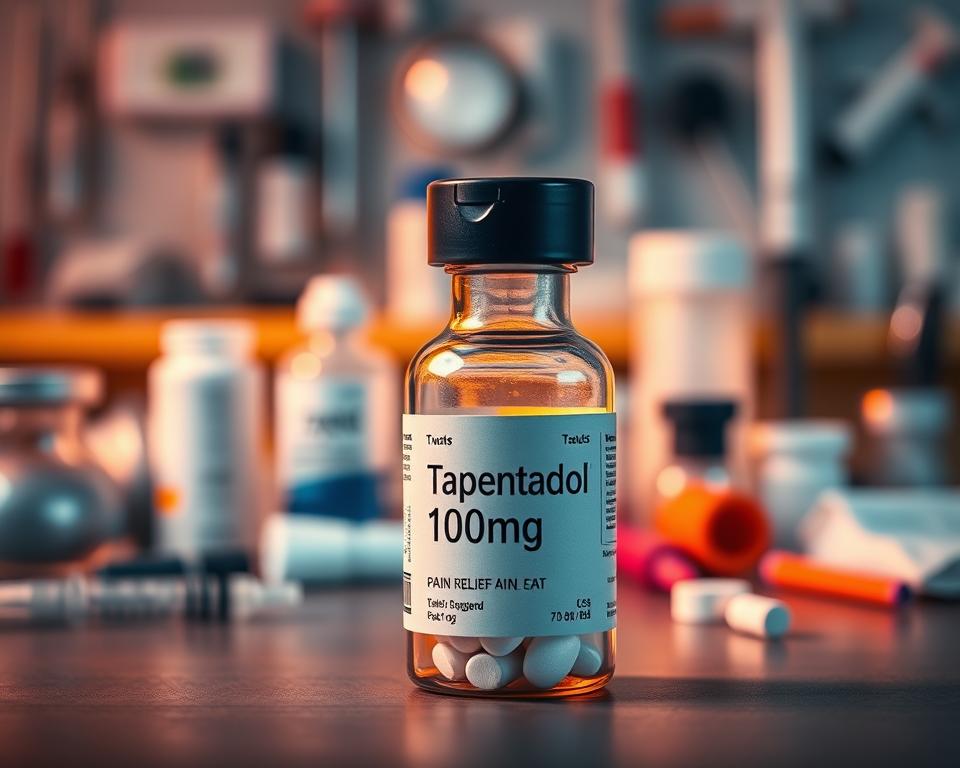 A sleek, modern-looking bottle of Tapentadol 100mg pain relief medication sits in the foreground, bathed in warm, soft lighting. The bottle's label is prominently displayed, showcasing the drug name and dosage in a clean, legible typeface. In the middle ground, a blurred background of medical equipment and supplies, such as syringes, bandages, and other pharmaceutical items, conveys a sense of a professional, clinical setting. The overall mood is one of trust, efficacy, and reliable pain management, reflecting the &quot;Safe, Effective Pain Relief&quot; theme of the article section.