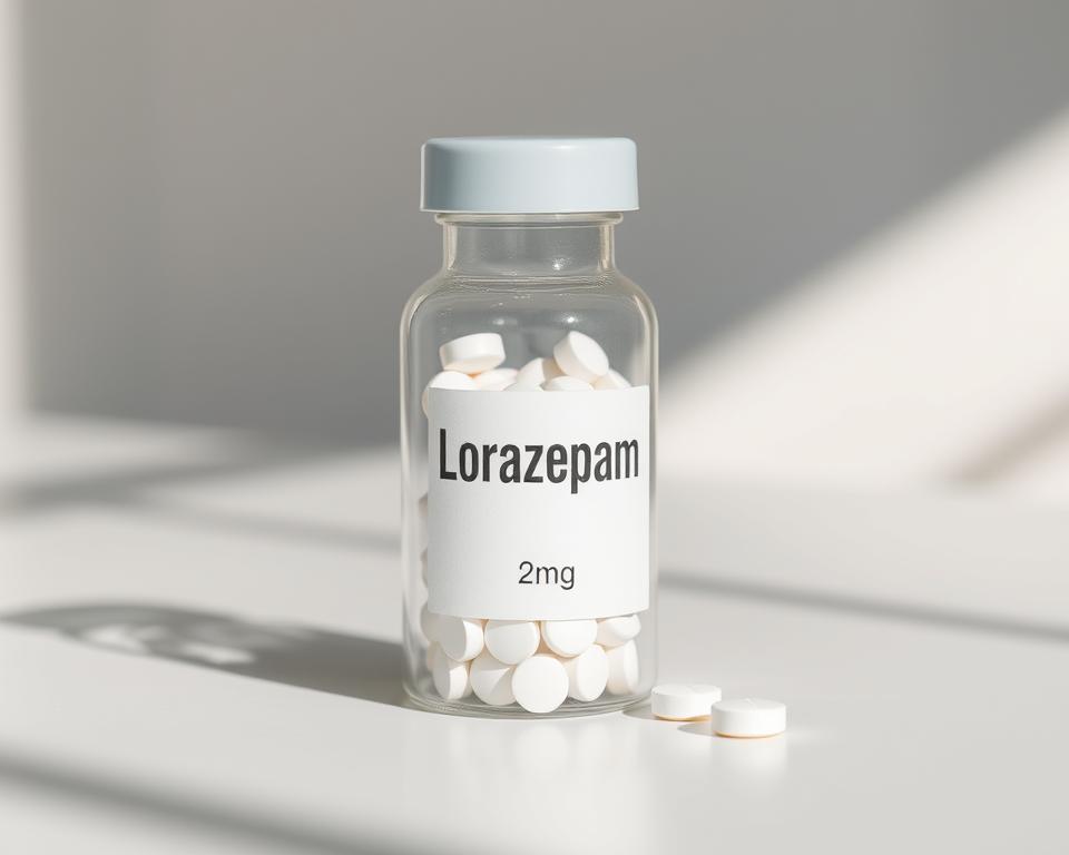 A clear glass bottle filled with round, white pills labeled &quot;Lorazepam 2mg&quot; stands in the foreground, its sleek design and minimalist labeling conveying a sense of medical precision. The bottle is placed on a clean, white surface, allowing the medication to be the focal point. Soft, natural lighting illuminates the scene, casting subtle shadows and highlighting the bottle's transparency. The background is gently blurred, creating a calming, clinical atmosphere that reinforces the medication's purpose as a reliable treatment for anxiety. The overall composition and lighting evoke a sense of professionalism, quality, and the therapeutic nature of the prescription medication.