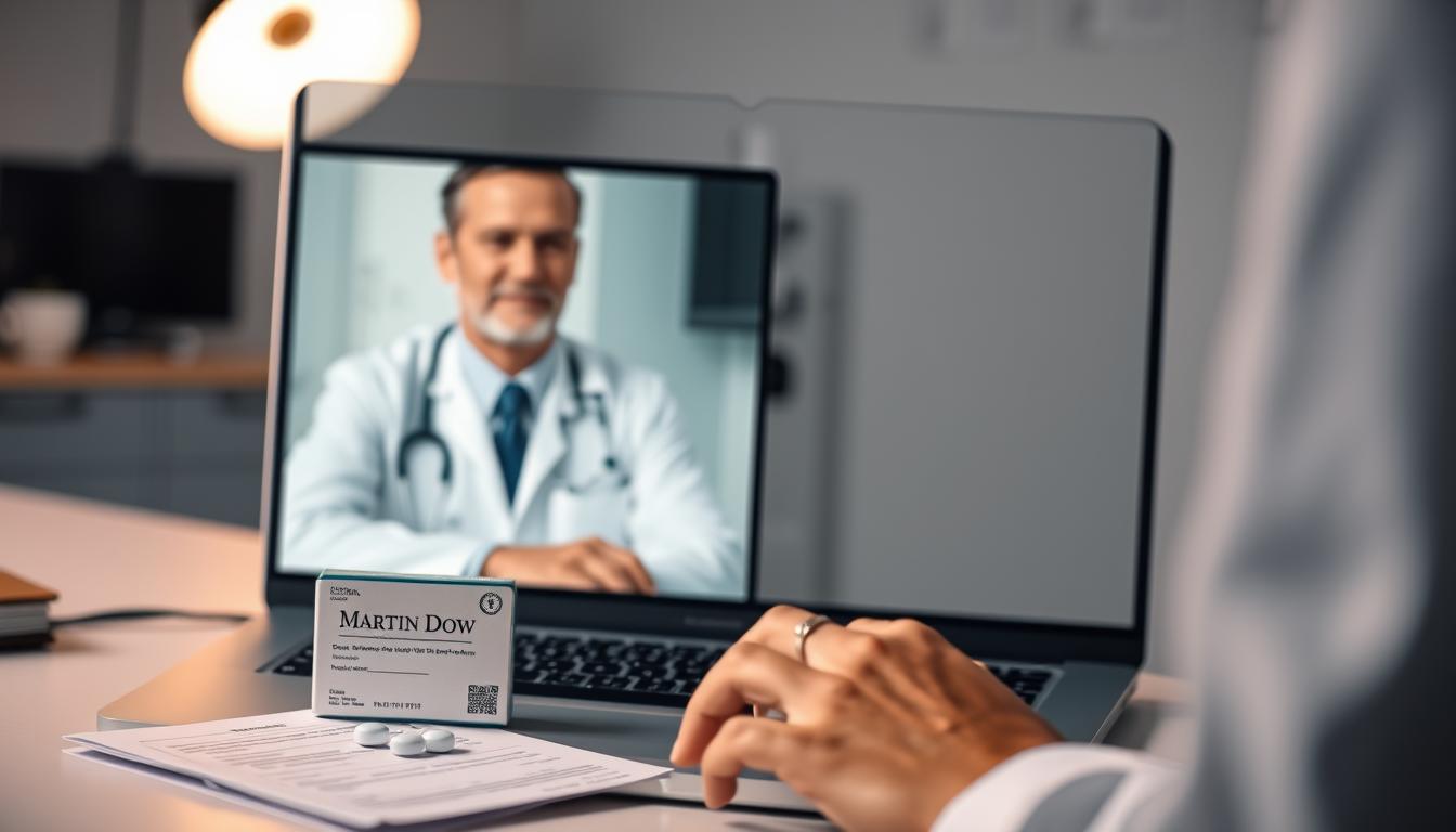Telemedicine consultation for Martin Dow Valium prescription showing doctor and patient in video call