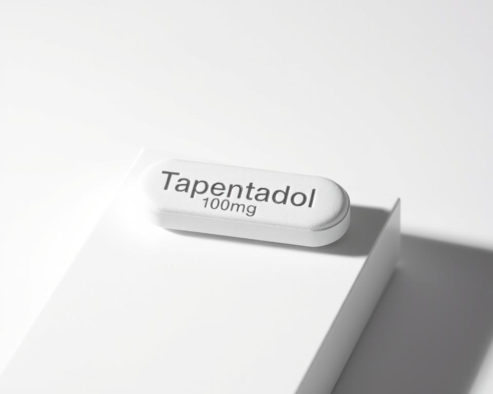 A high-quality, tactile tablet of Tapentadol 100mg, resting on a sleek, minimalist surface. The tablet is illuminated by soft, directional lighting, casting subtle shadows that accentuate its form and texture. The background is a clean, serene gradient, allowing the product to be the focal point. The overall composition conveys a sense of professionalism, quality, and the reliable pain relief offered by this medication from Legitpillsuk.com.
