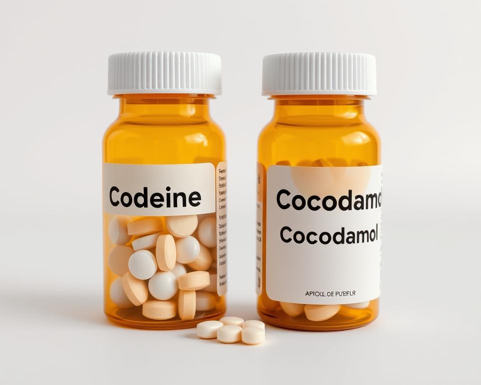 A close-up, high-resolution comparison of two pill bottles, one labeled &quot;Codeine&quot; and the other &quot;Cocodamol&quot;. The bottles are positioned side-by-side on a clean, neutral background, evenly lit from the top with soft, diffused lighting. The pills inside each bottle are clearly visible, allowing the viewer to observe the distinct shapes, colors, and sizes. The composition is balanced, with the bottles taking up the majority of the frame, leaving enough negative space to create a sense of focus and clarity. The overall mood is clinical, informative, and visually engaging, inviting the viewer to closely examine the key differences between these two pharmaceutical products.