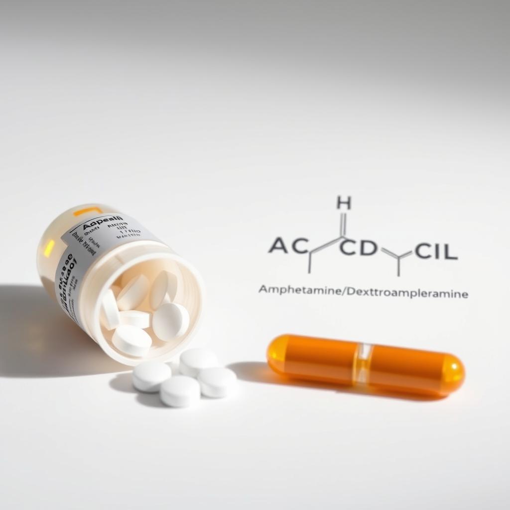 Adderall medication tablets and chemical structure of amphetamine salts