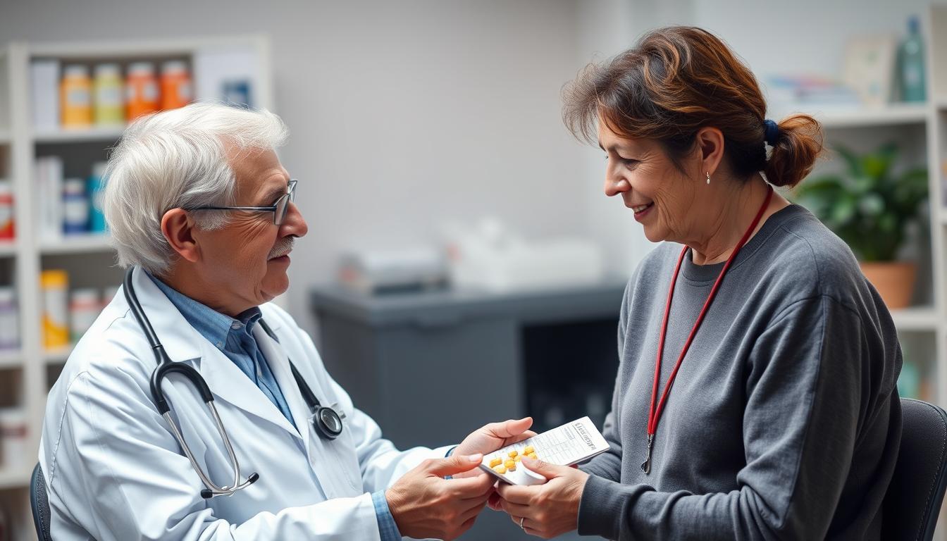 Healthcare provider discussing medication with elderly patient
