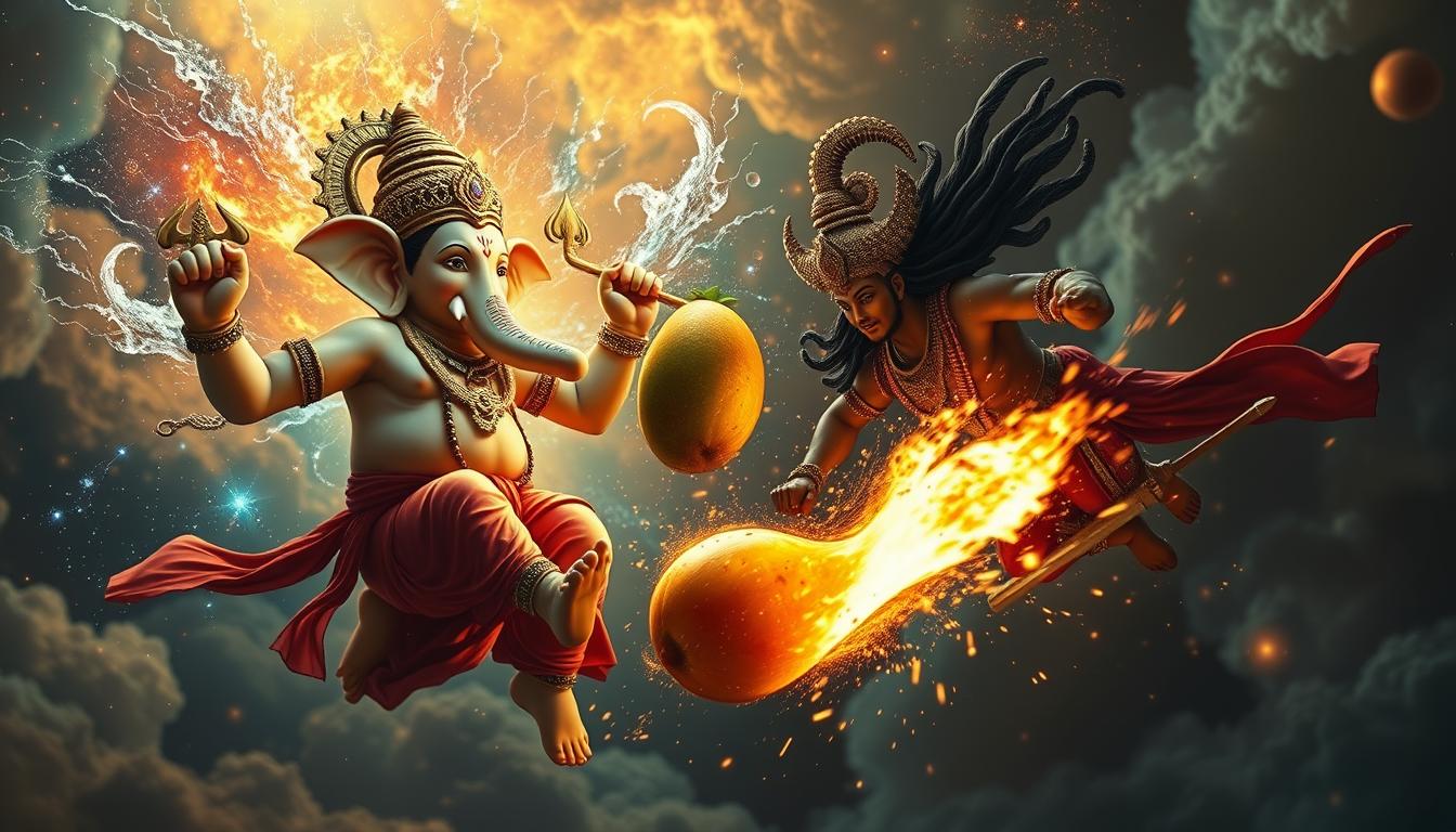 Divine competition between brothers for celestial mango