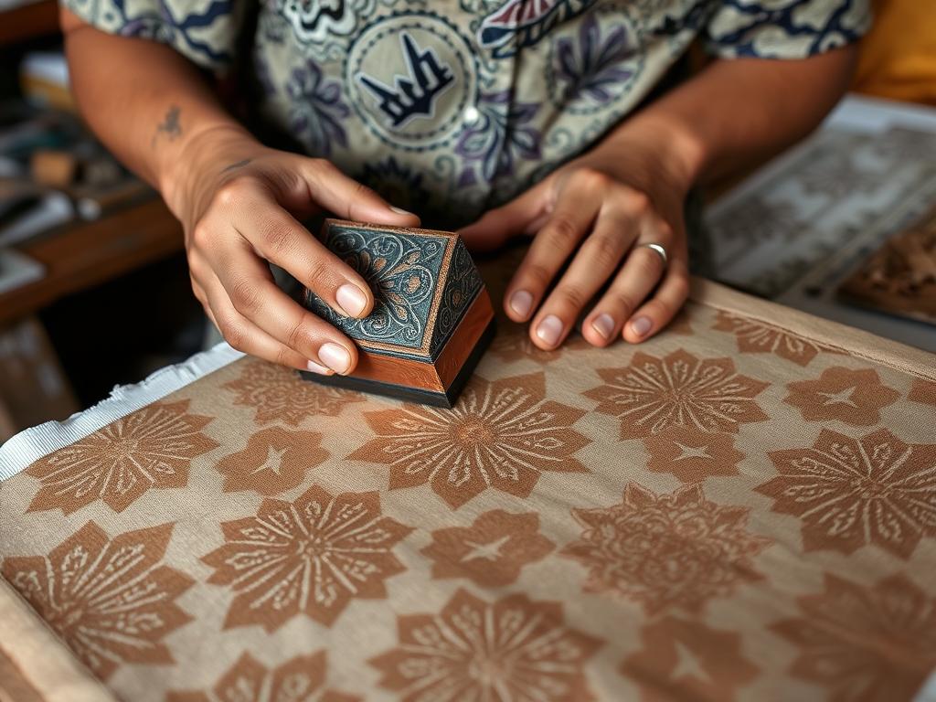 Block-printed batik process showing copper stamp application