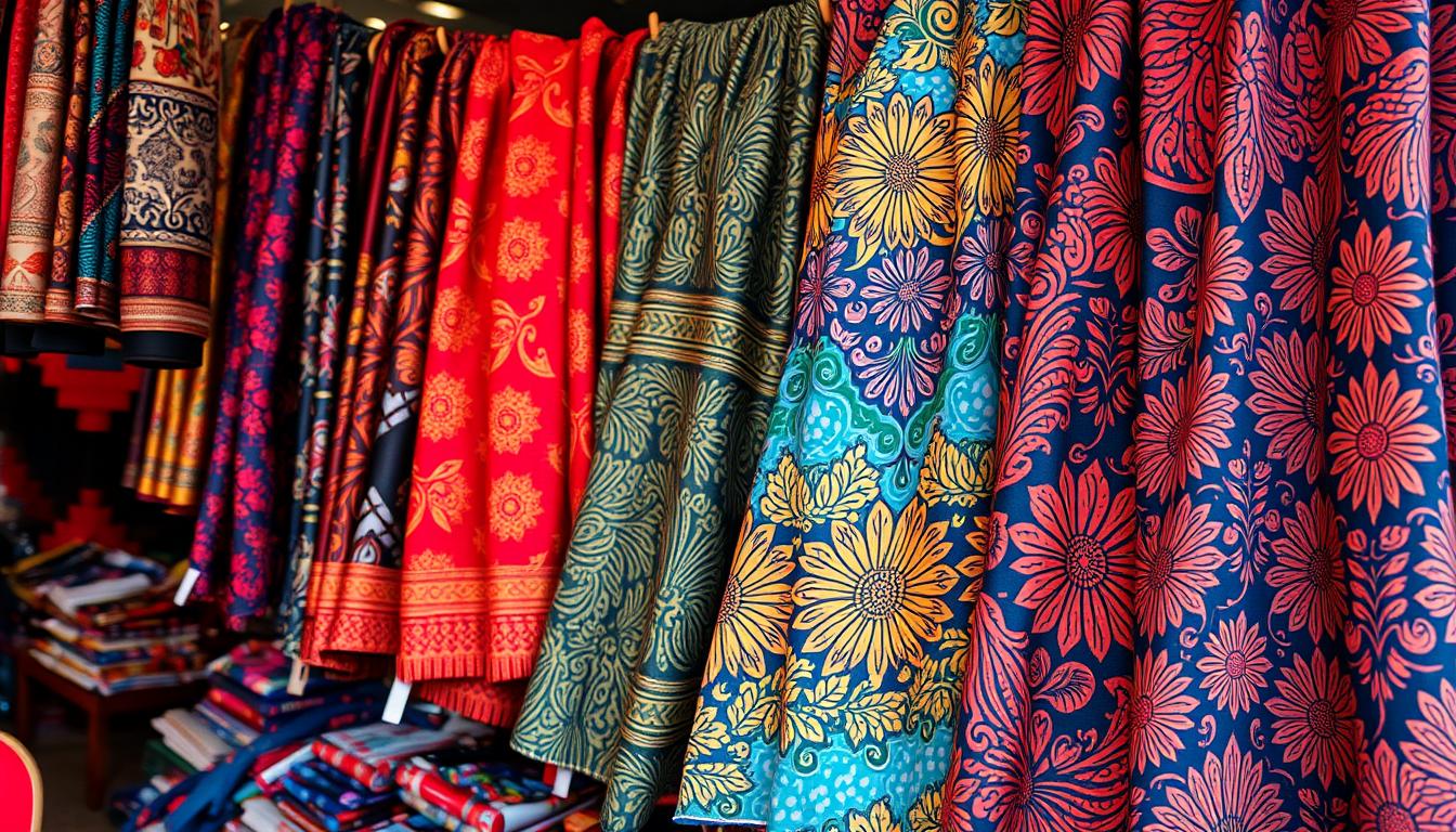 Colorful display of Malaysian batik fabrics showing various traditional patterns and vibrant colors